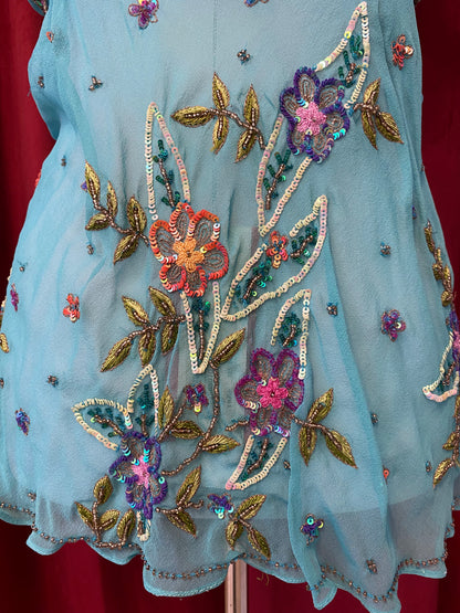 100% silk brand new handbeaded baby blue top 🦋