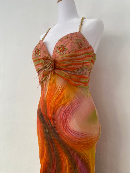 100% silk brand new sunset gown with handbeaded details
