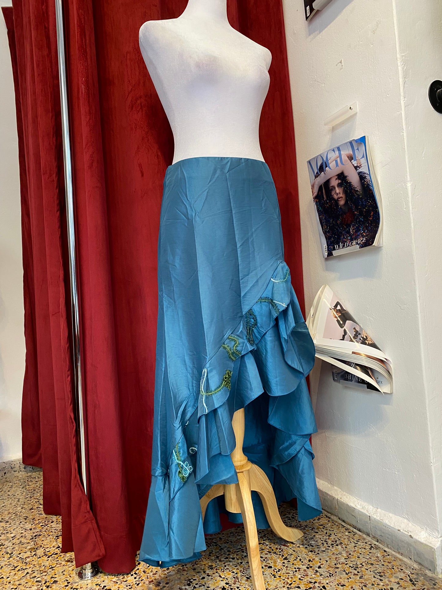 Brand new organza deep blue ruffled maxi skirt