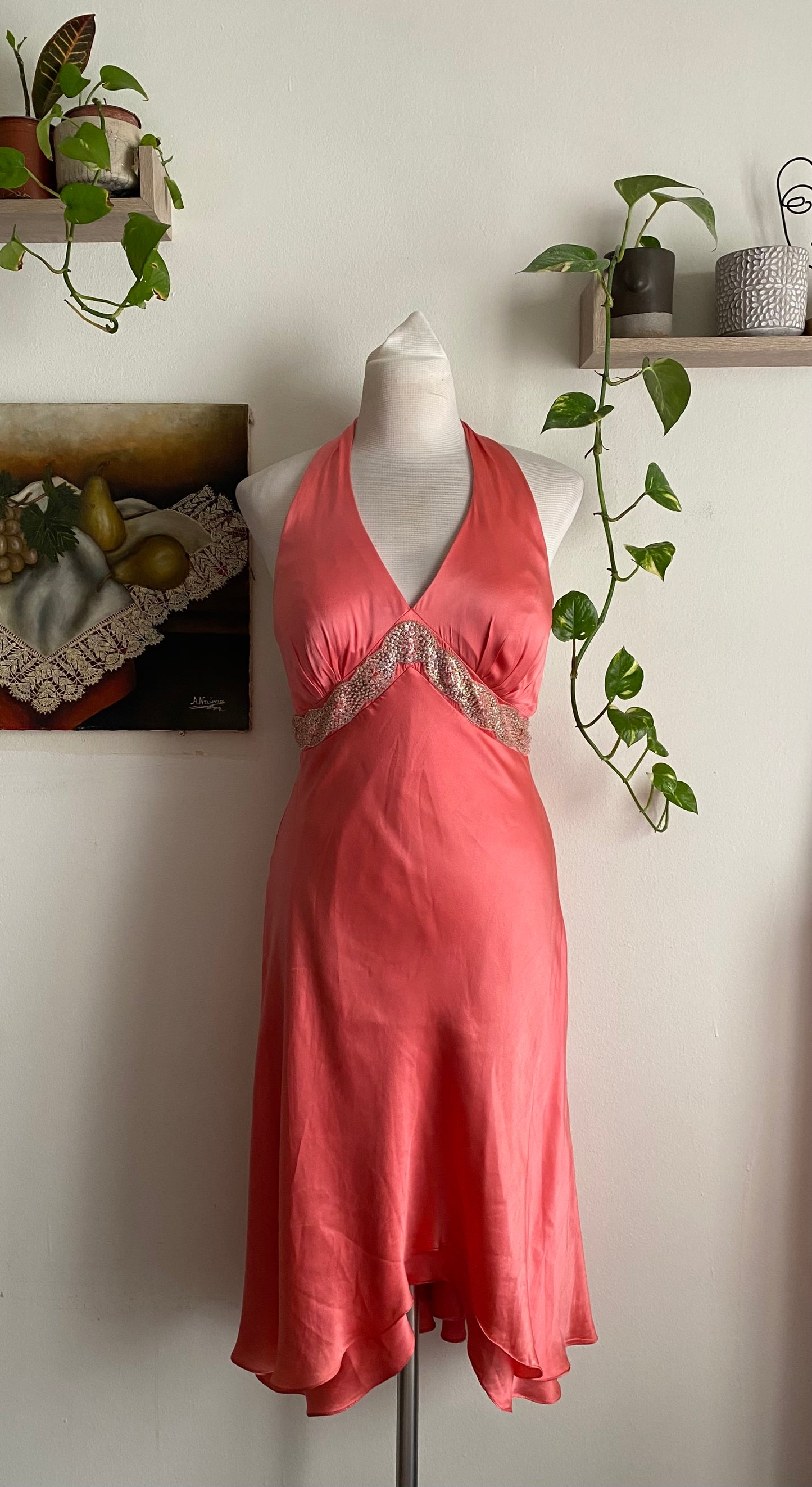 100% silk halter coral dress