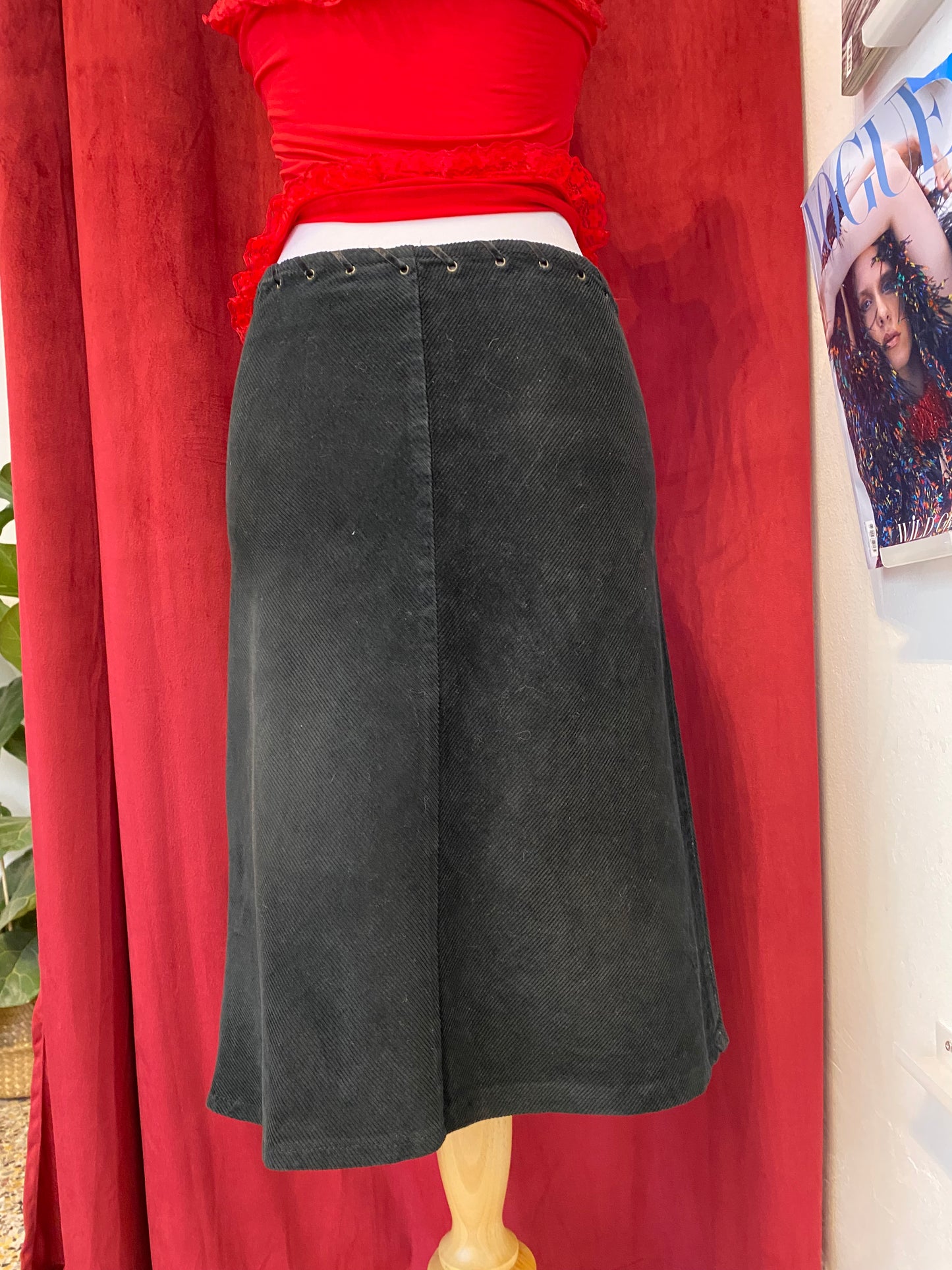 Corduroy midi skirt with leather belt details