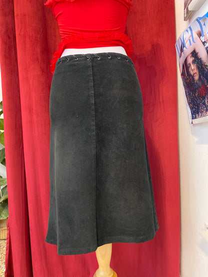 Corduroy midi skirt with leather belt details