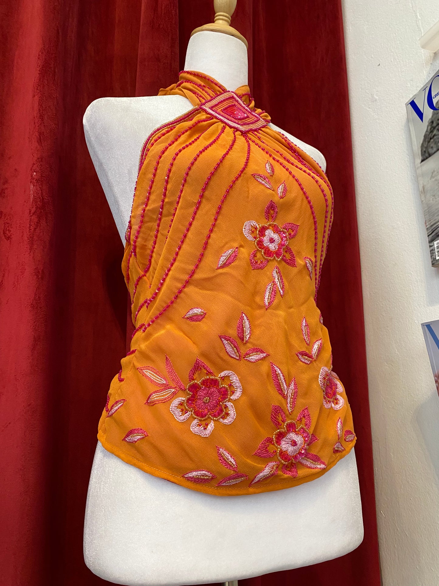 100% silk brand new orange open back handbeaded top 🍊