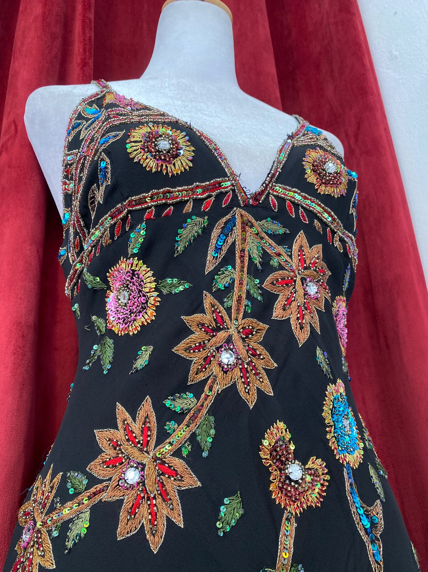 100% silk brand new handcrafted black gown with colourful embellishments 💐