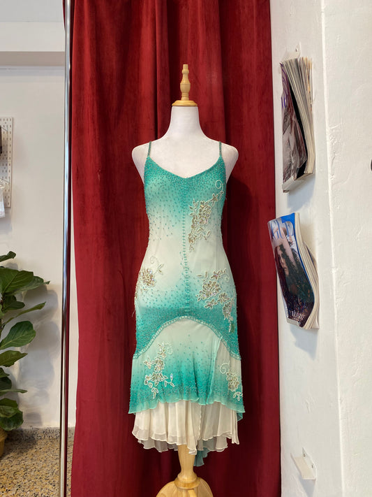 100% silk turquoise all over sequin ruffled dress🧚