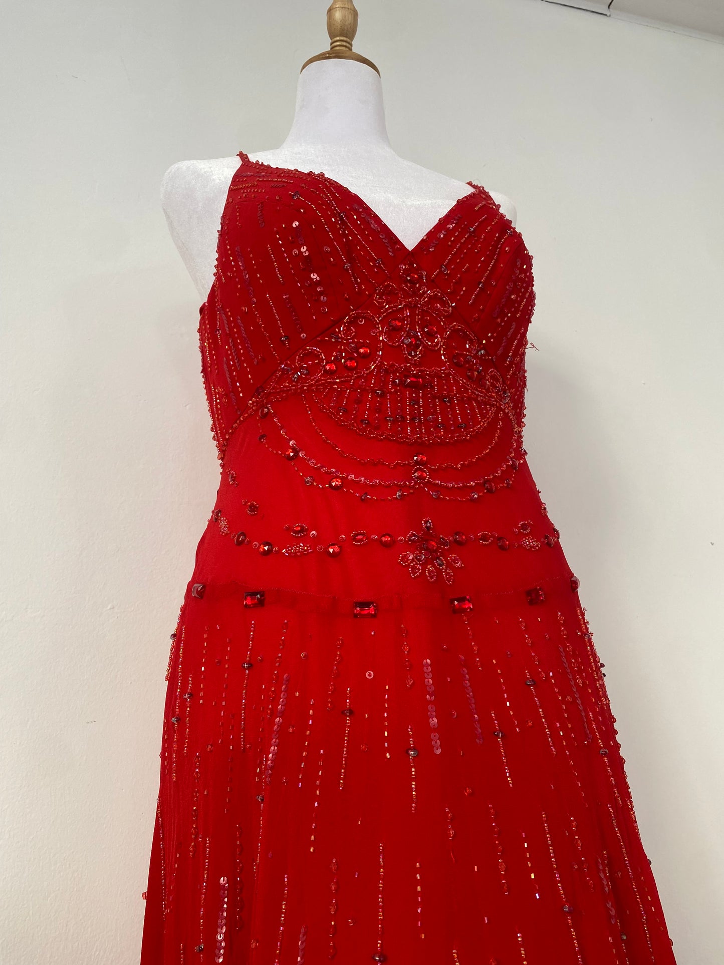 100% silk brand new red gown with all over handbeaded details