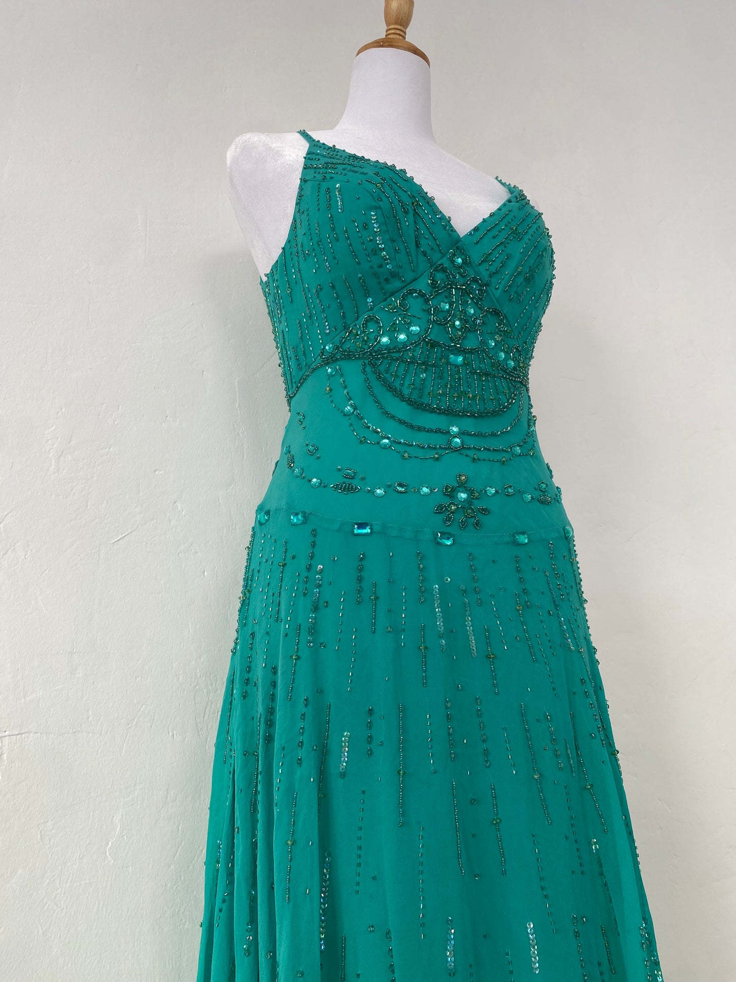 100% silk brand new turquoise gown with handbeaded details all over
