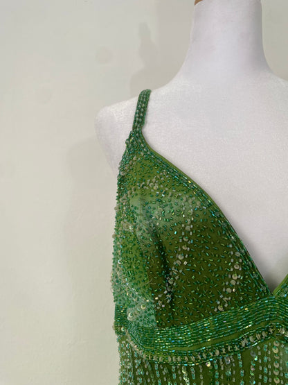 100% silk brand new green all over handbeaded dress