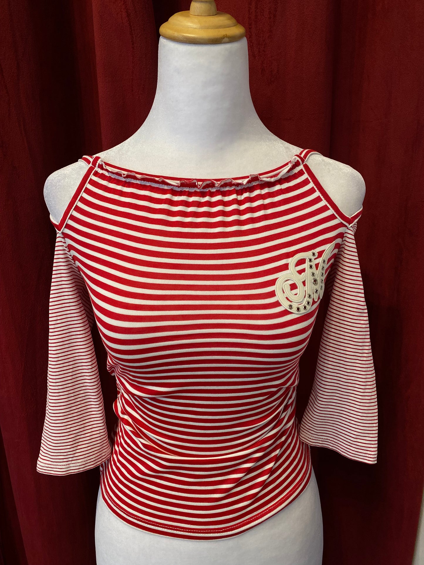 Morgan stripped red top with off the shoulder details