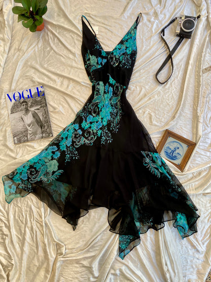 All over handbeaded maxi ruffled dress with matching scarf