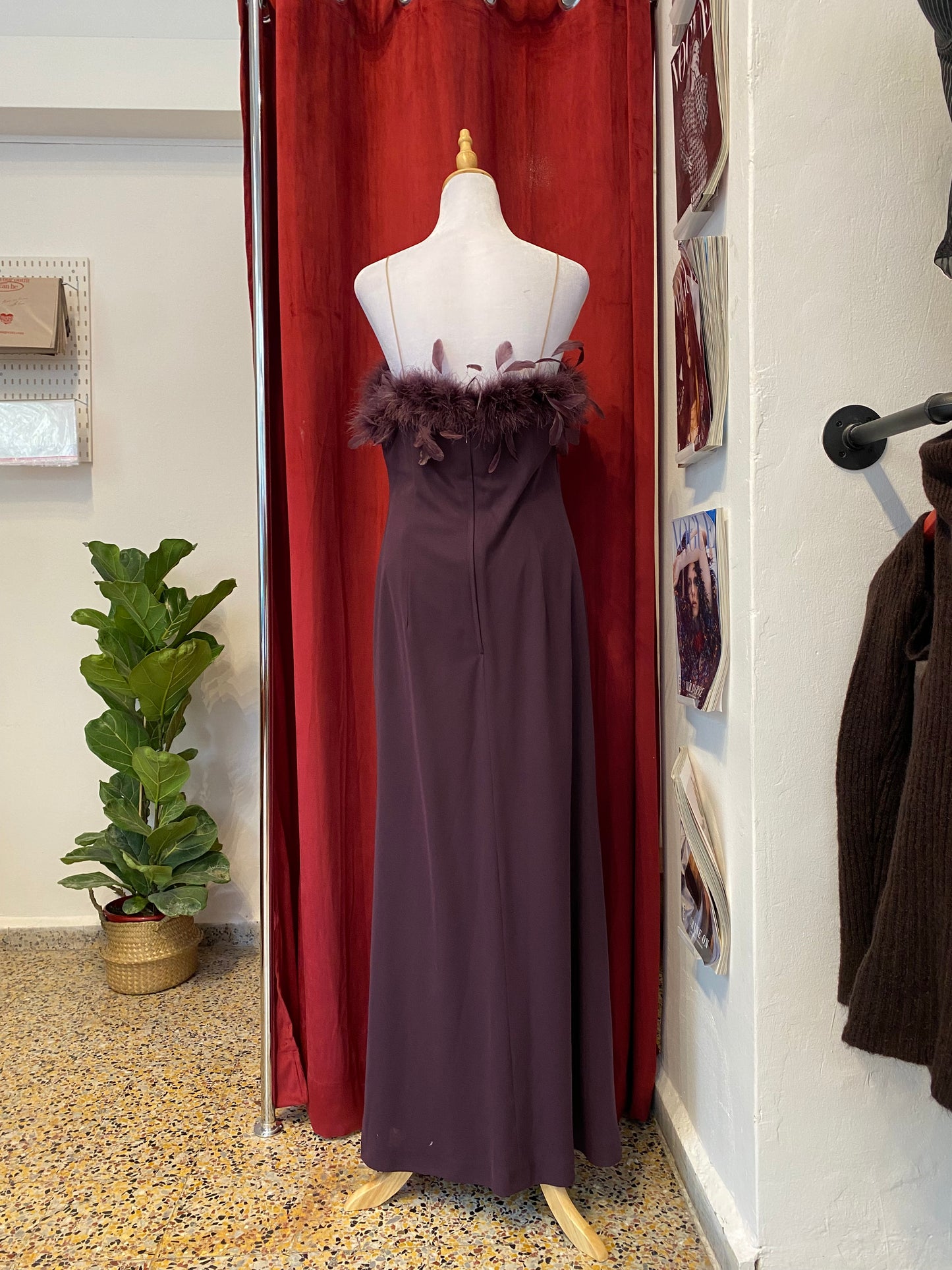 Brand new deep purple gown with feather bust