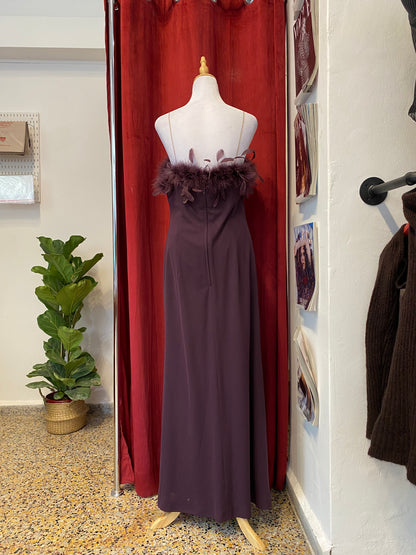 Brand new deep purple gown with feather bust