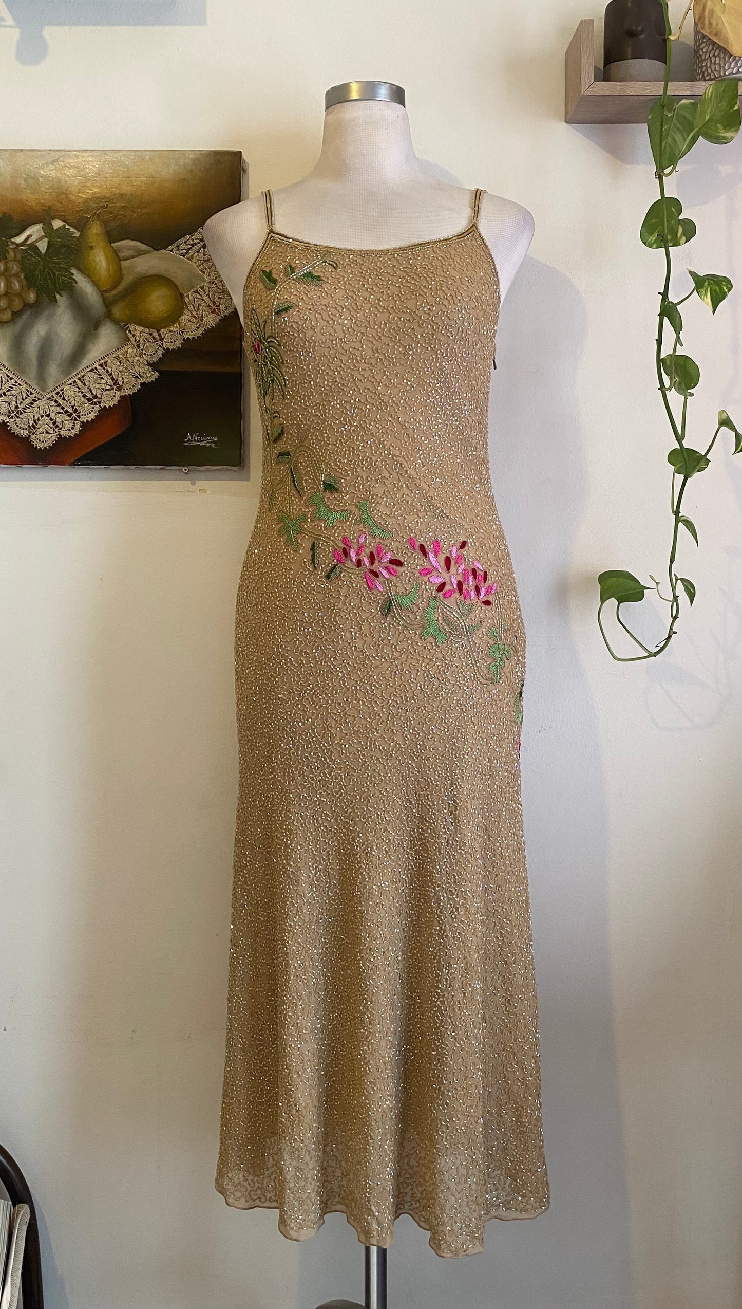 100% silk all over handbeaded gown with flower details
