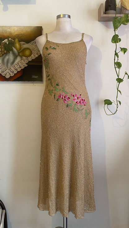 100% silk all over handbeaded gown with flower details