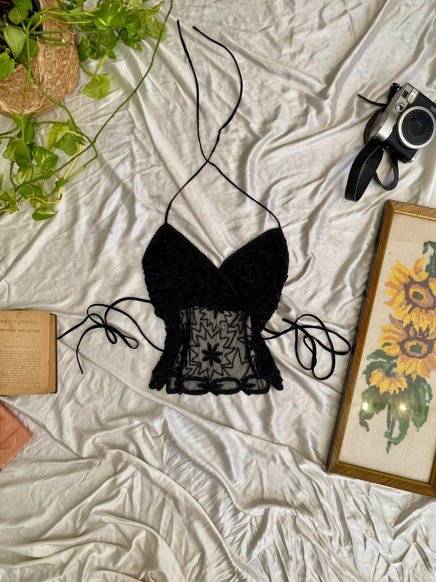 Black handbeaded open back top