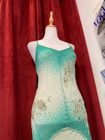 100% silk turquoise all over sequin ruffled dress🧚