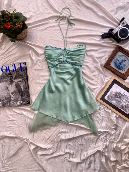 Light blue satin top with sequin and silk details 🧚