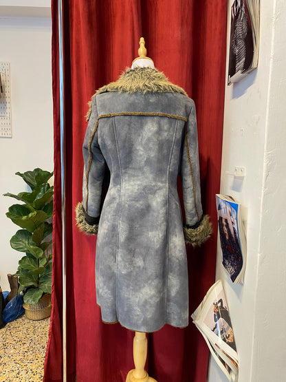 Long blue Afghan coat with vegan fur