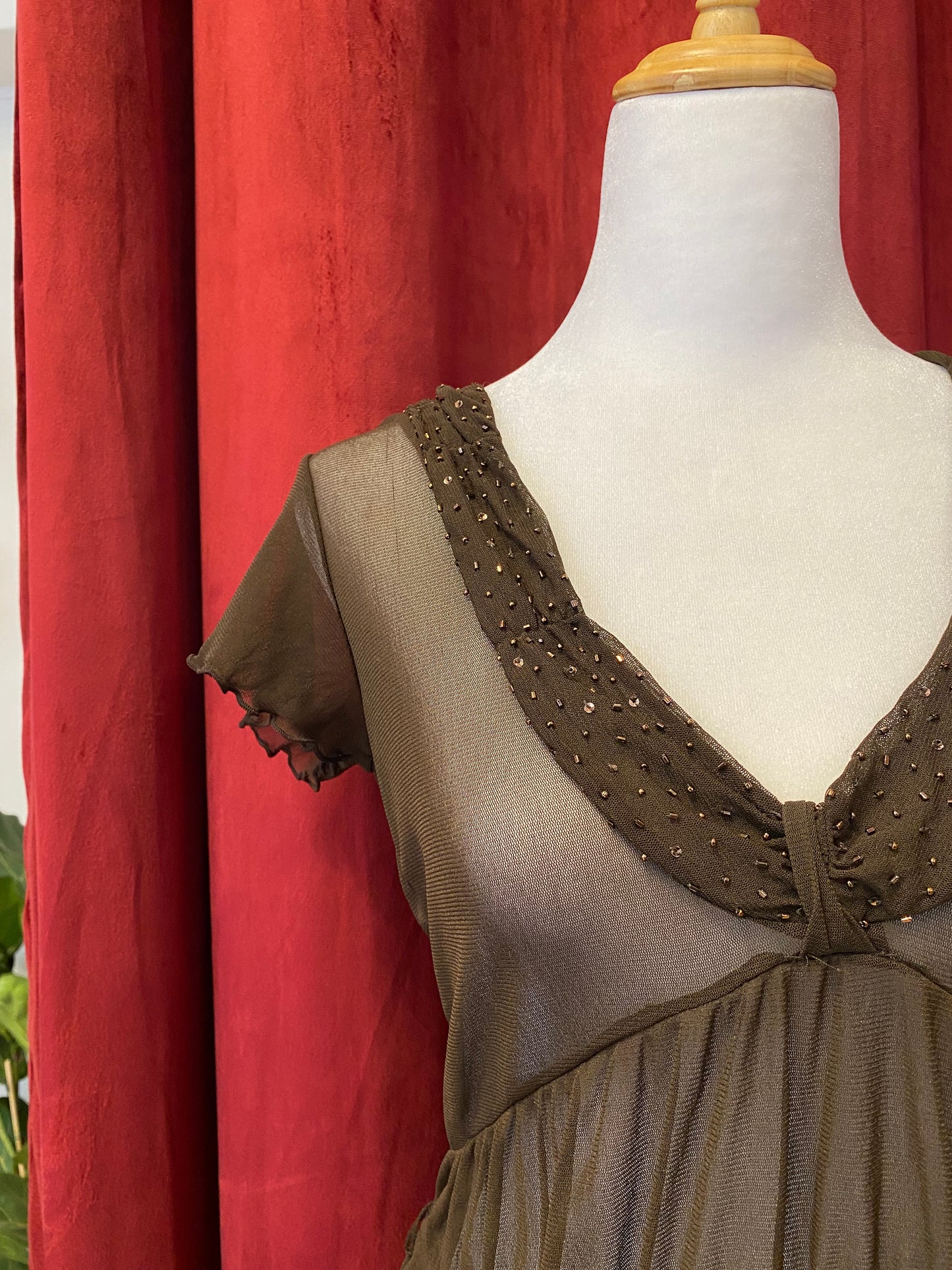 Brown mesh top with sequin details