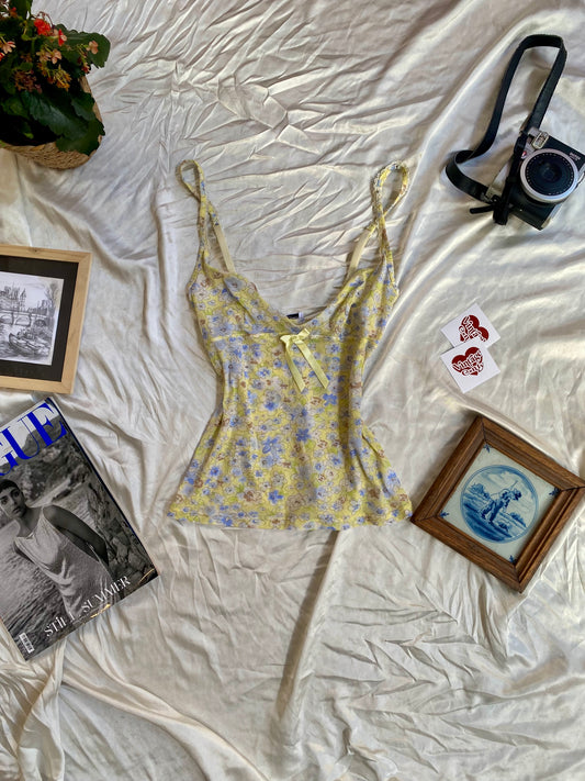 Yellow see through cami top with blue flower details