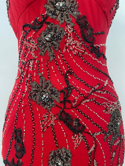 100% silk brand new deep red gown with all over handbeaded details