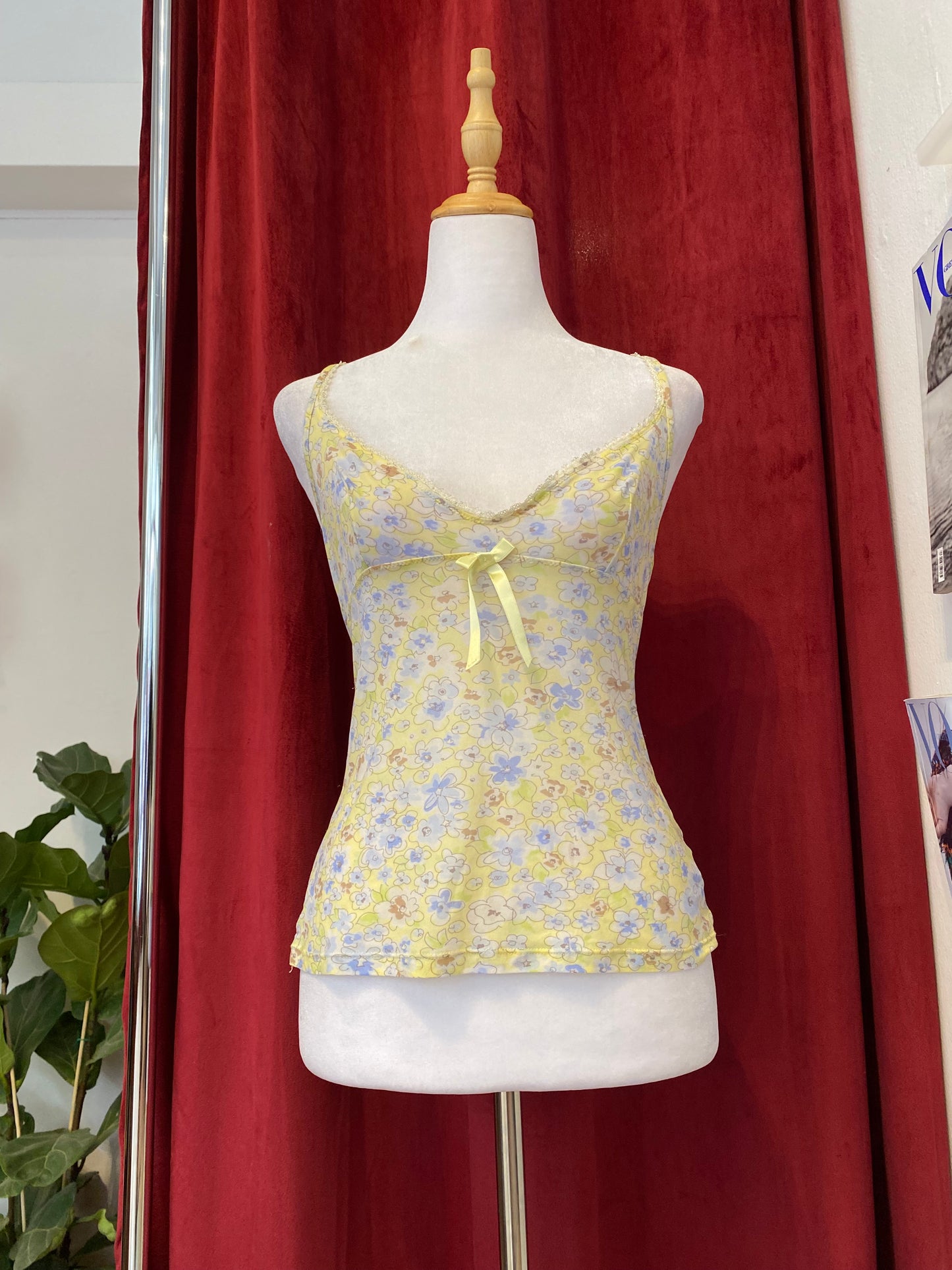 Yellow see through cami top with blue flower details