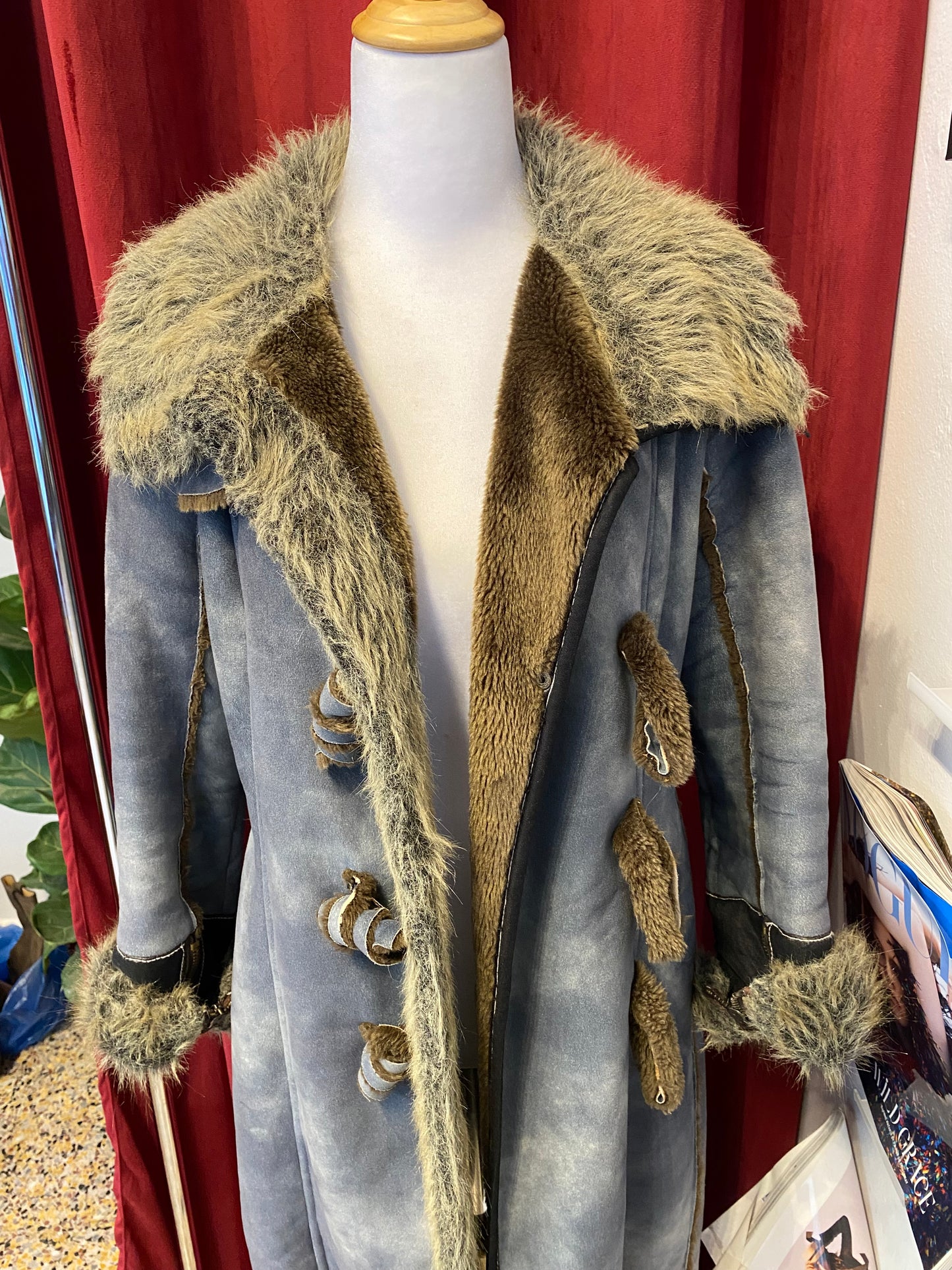 Long blue Afghan coat with vegan fur