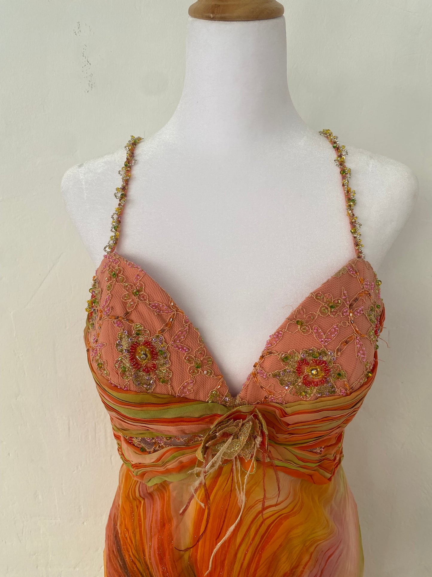 100% silk brand new sunset gown with handbeaded details