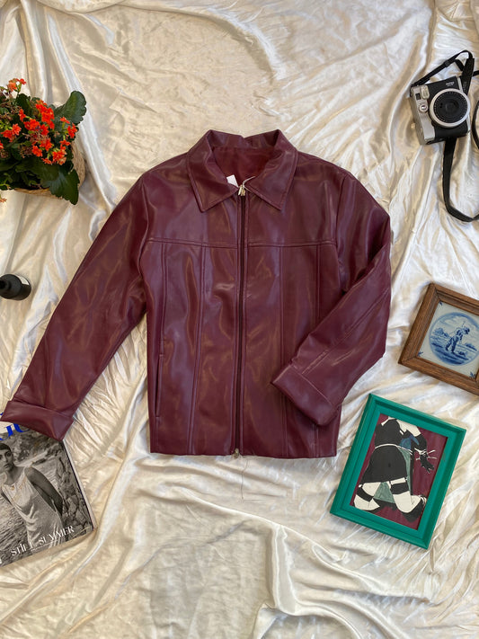 Vegan leather deep red bomber jacket