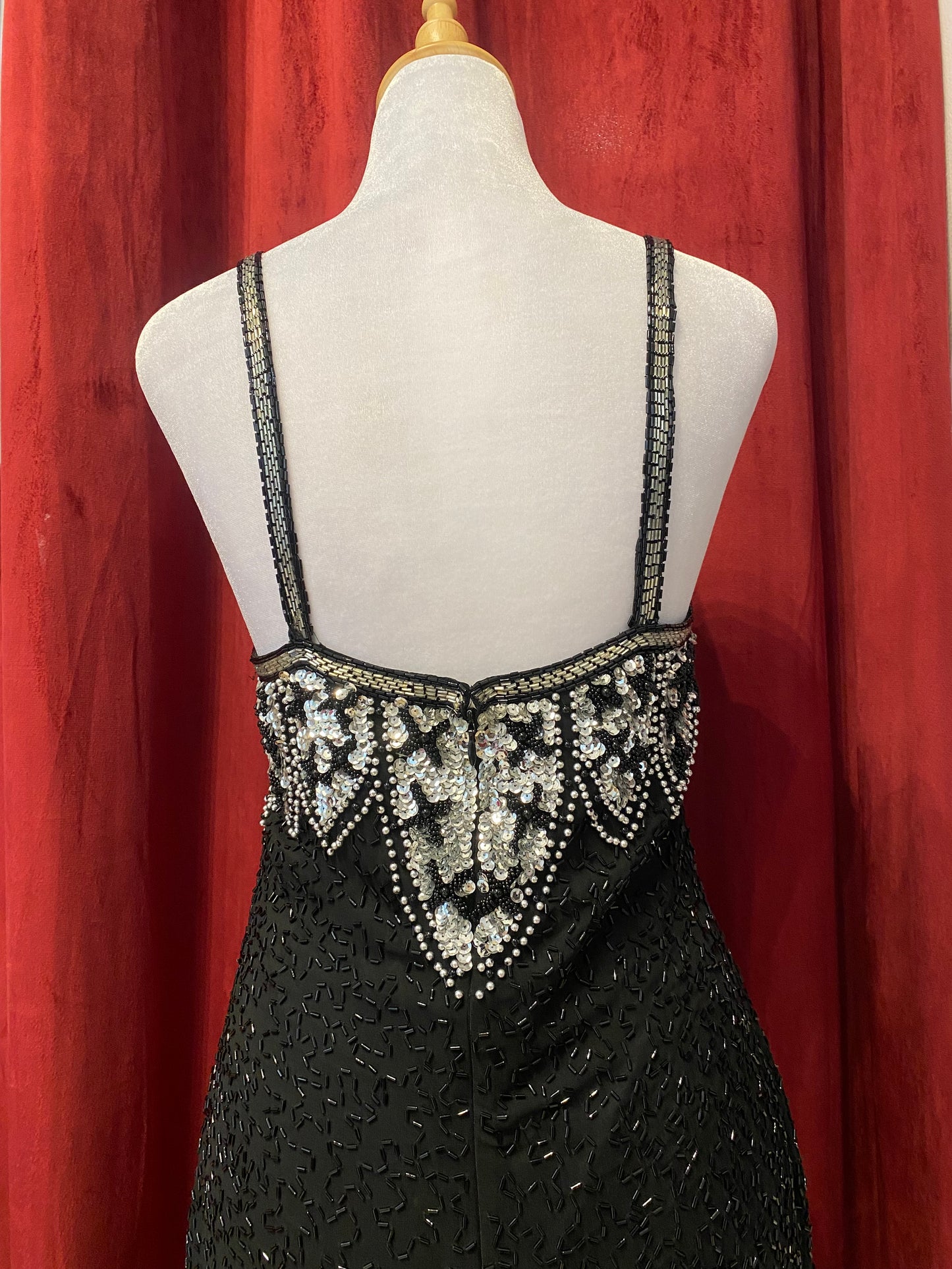 100% silk black dress with all over handbeaded details