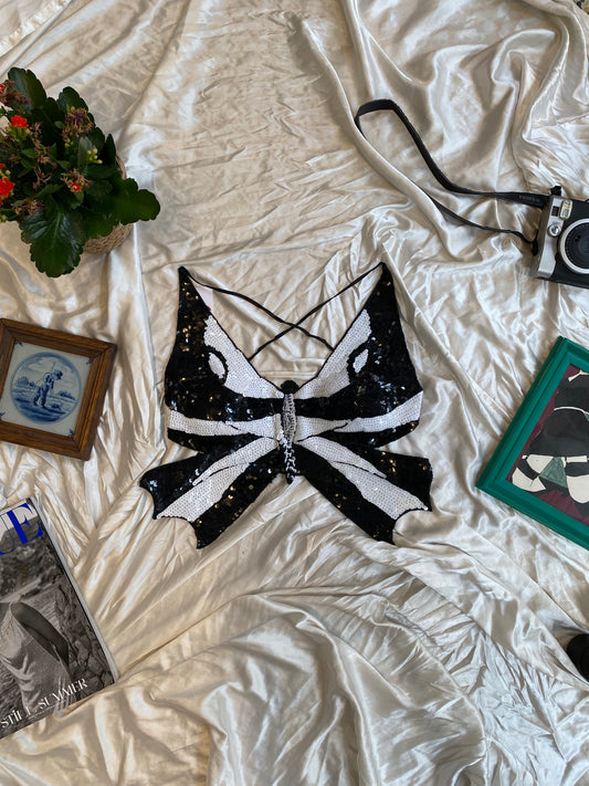 Butterfly y2k top with sequin details and open back