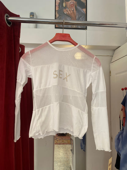 Brand new sheer top with sequin”sex” logo