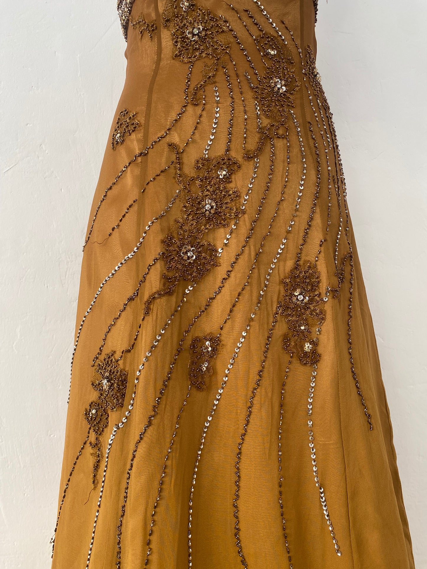 100% silk brand new brown handbeaded maxi dress
