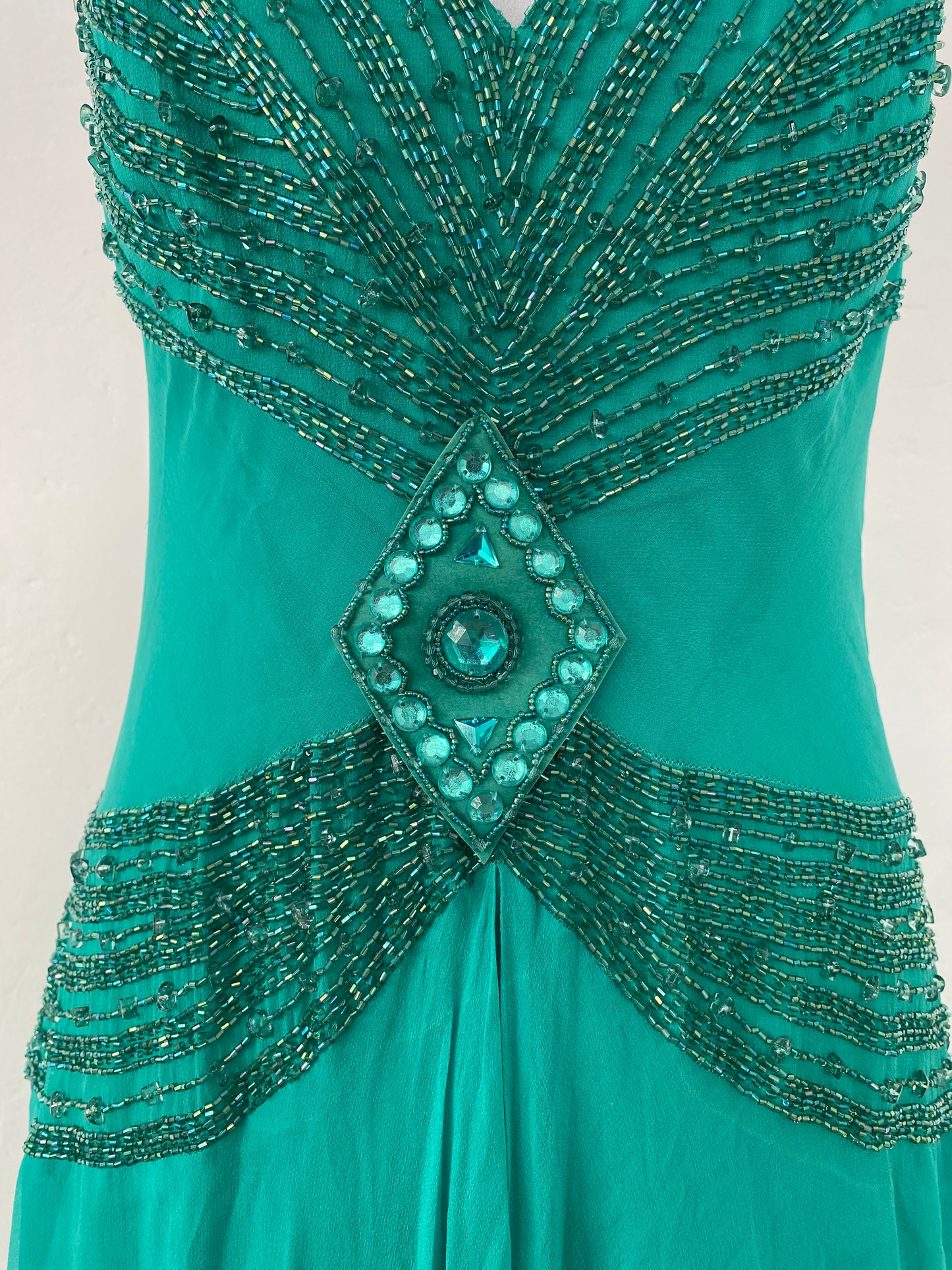 100% silk brand new handbeaded turquoise maxi gown