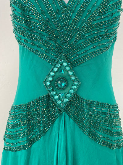100% silk brand new handbeaded turquoise maxi gown