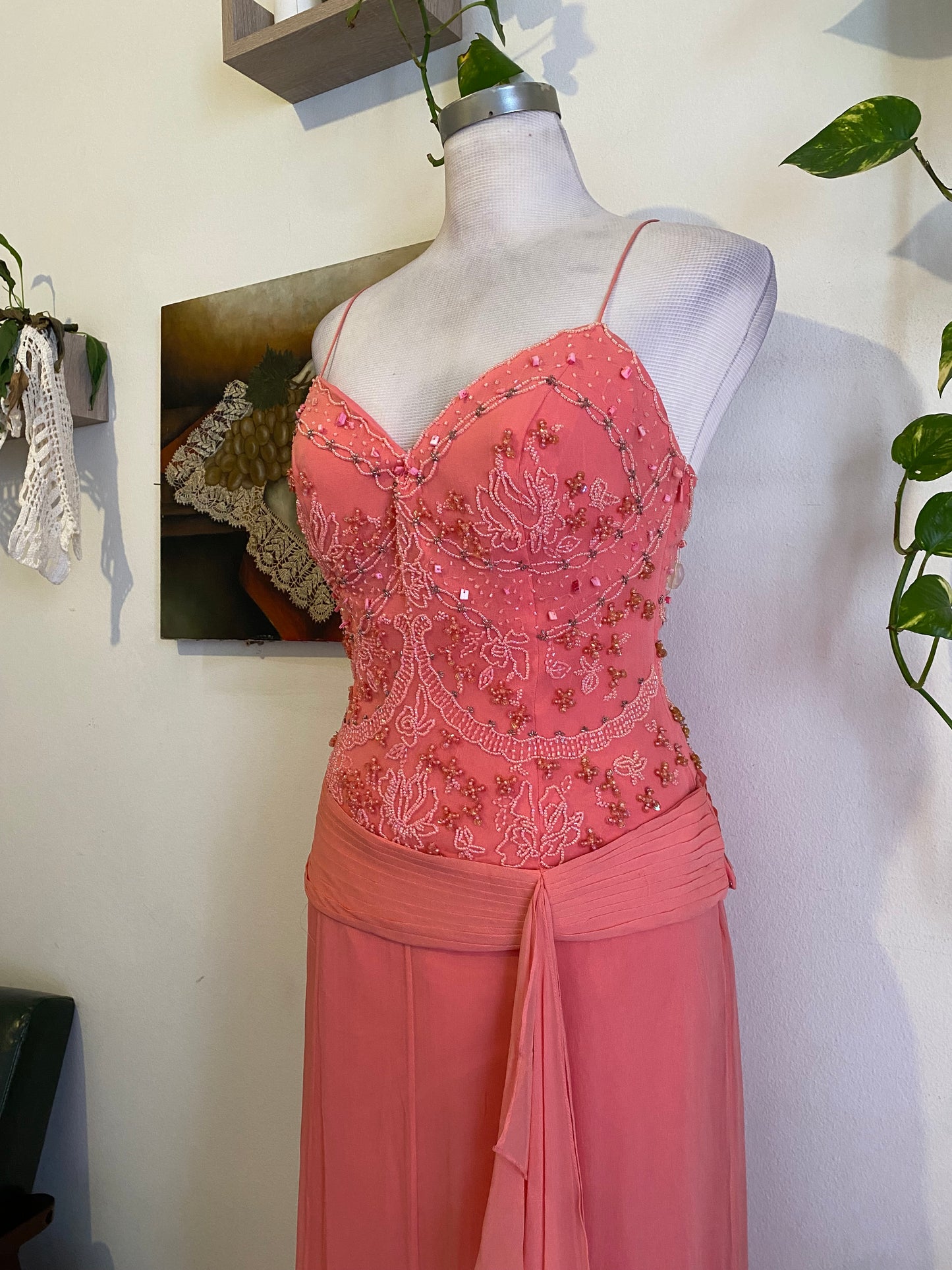 100% silk brand new handbeaded pink gown