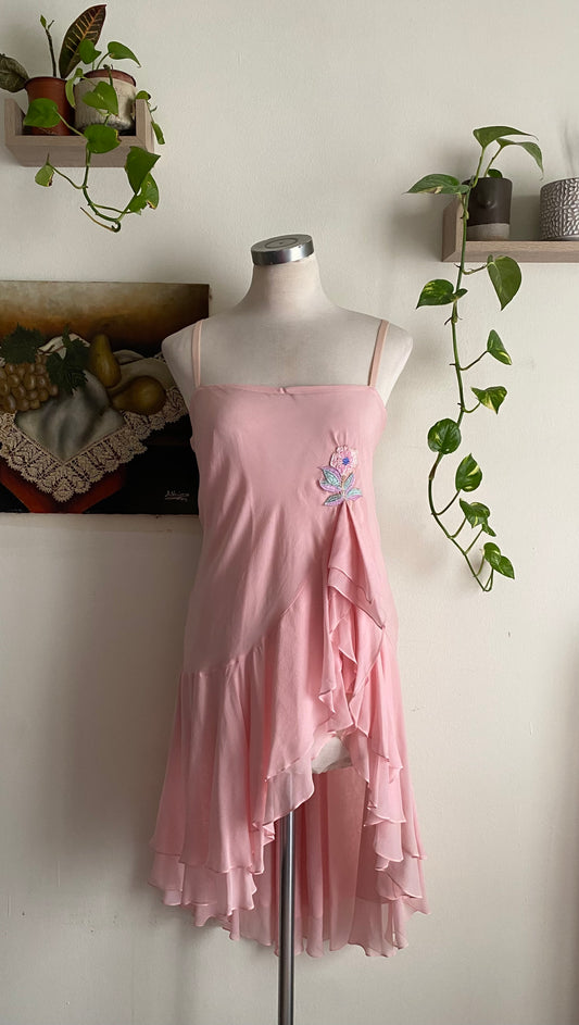 Baby pink ruffled high slit dress