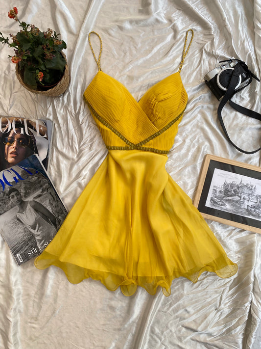 100% silk mini yellow dress