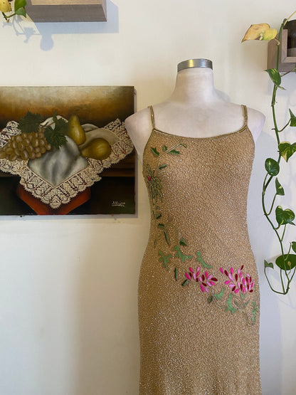 100% silk all over handbeaded gown with flower details