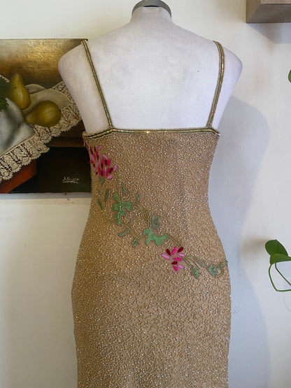 100% silk all over handbeaded gown with flower details