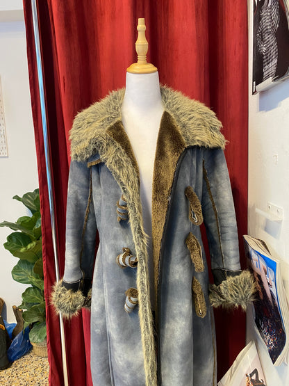 Long blue Afghan coat with vegan fur