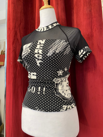 Brand new black graphic shirt with see through details