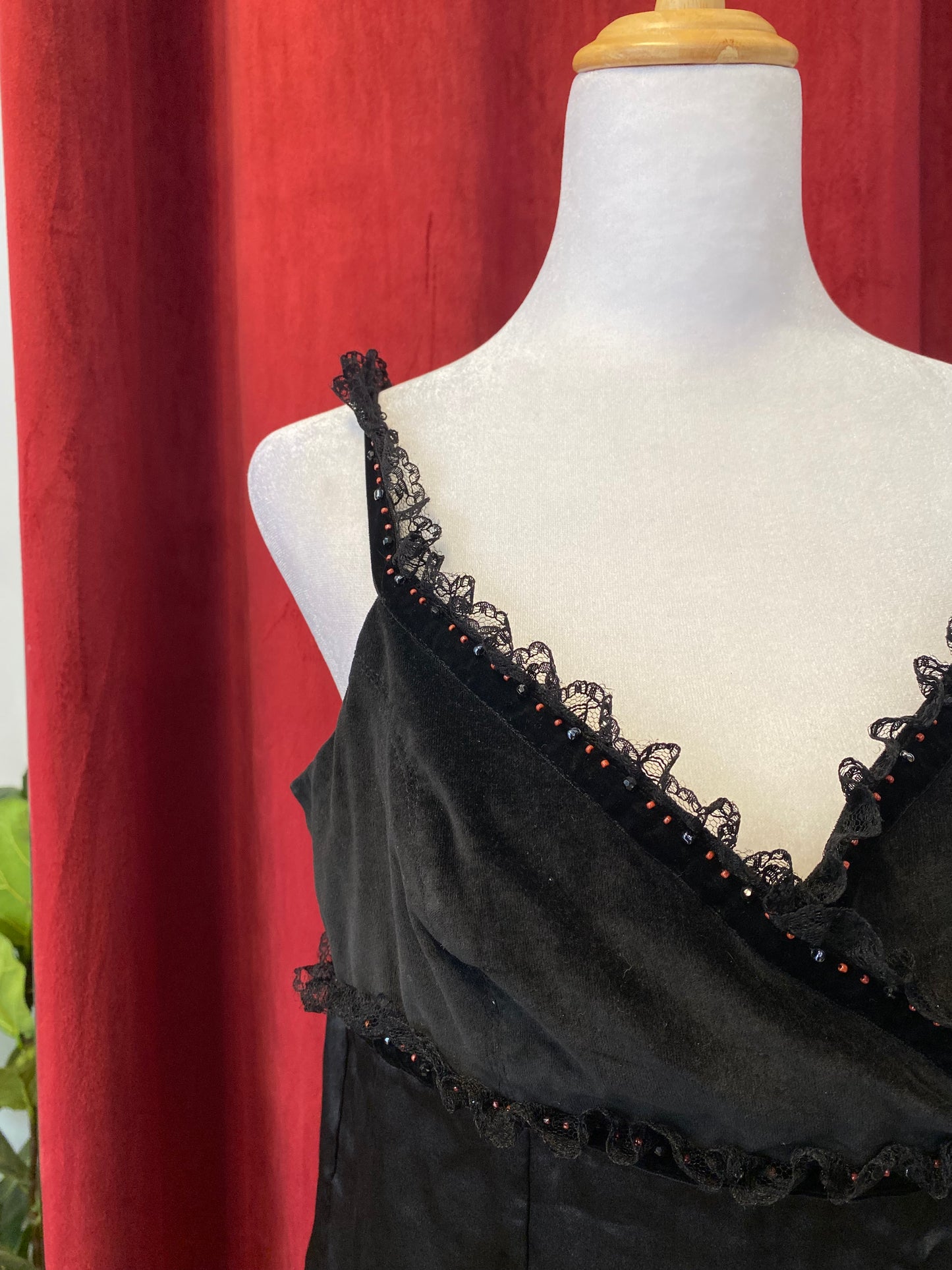 Black velvet top with lace and sequin details