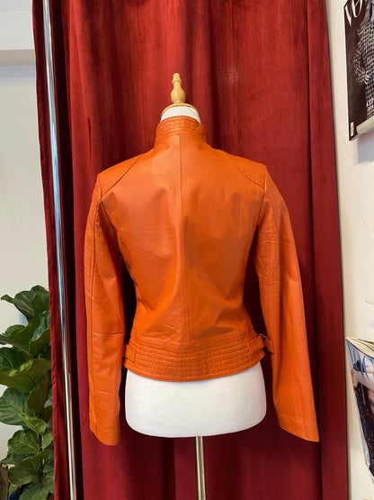 Real leather fitted orange biker jacket