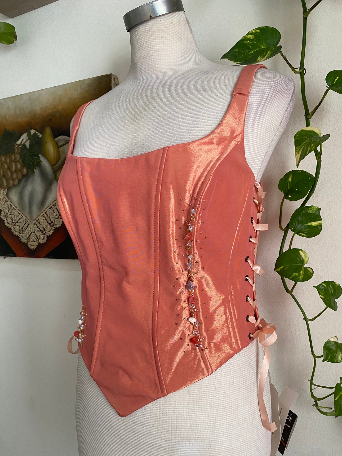 Brand new liquid organza orange lace up beaded corset
