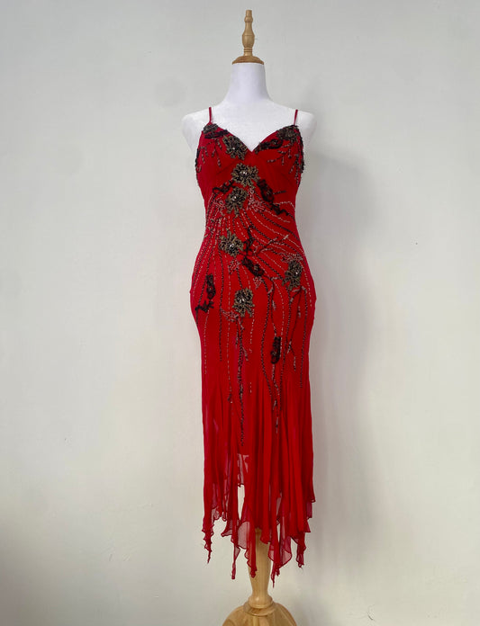 100% silk brand new deep red gown with all over handbeaded details