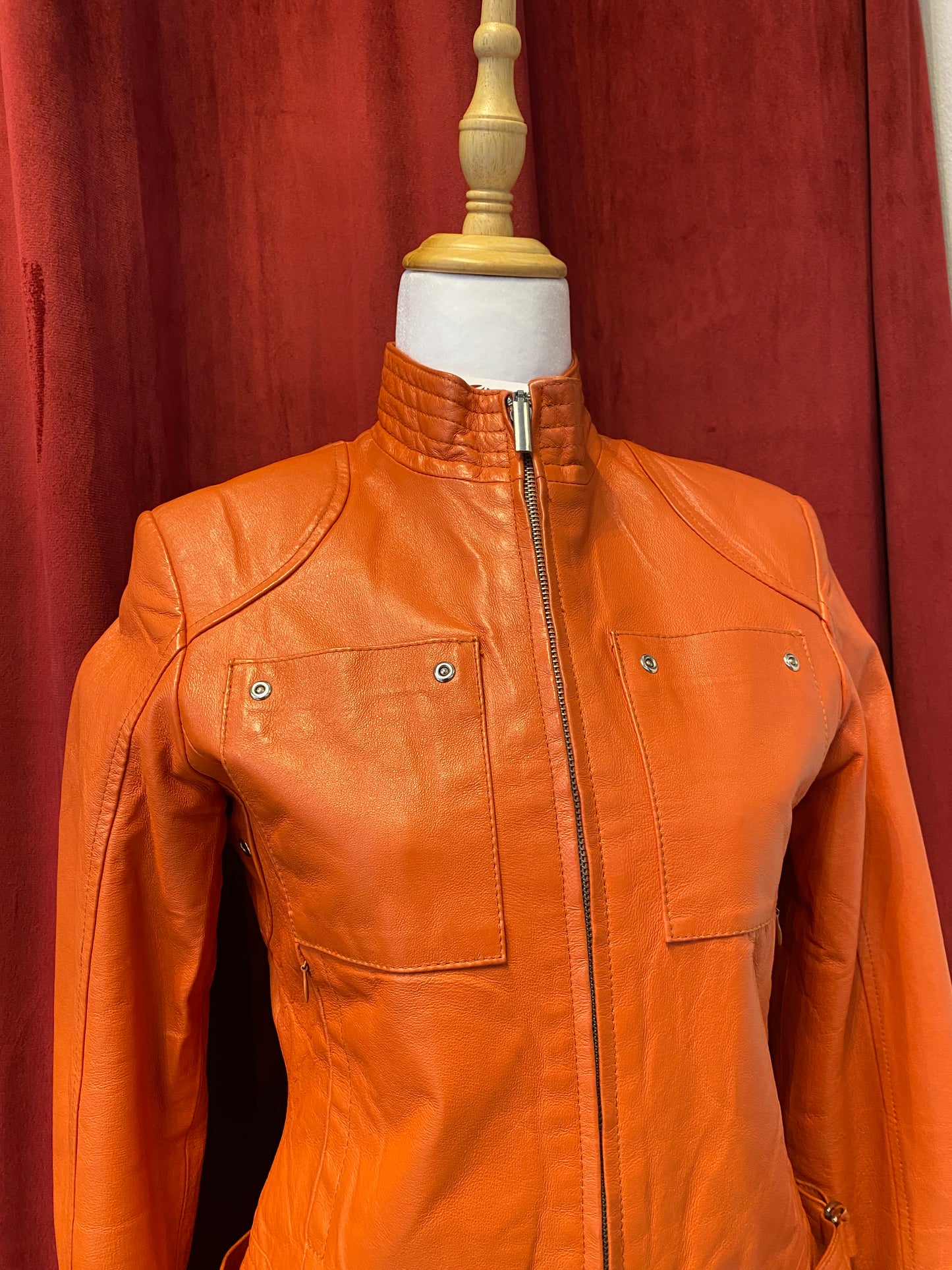Real leather fitted orange biker jacket