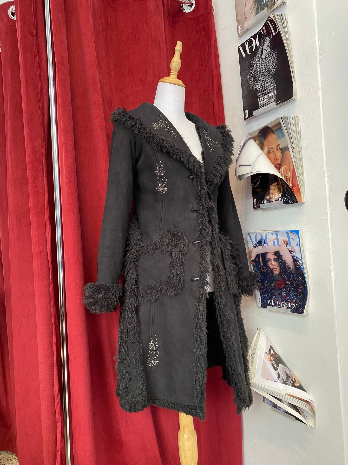 Black long embroidered Afghan coat with vegan fur