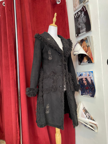 Black long embroidered Afghan coat with vegan fur