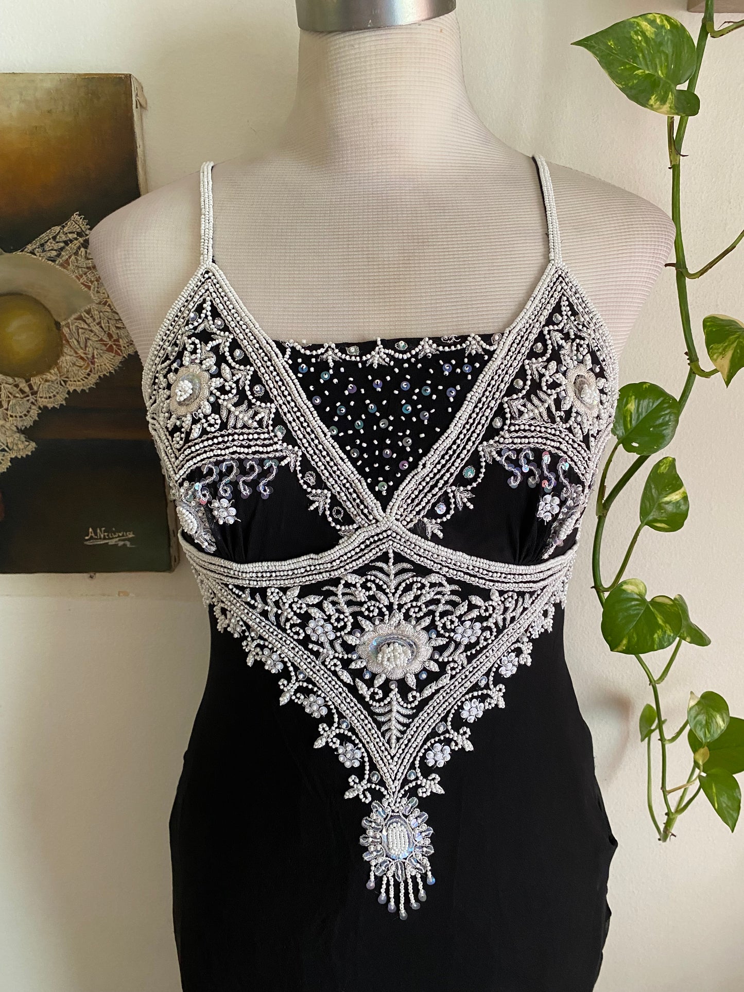 100% silk black maxi gown with  handbeaded details